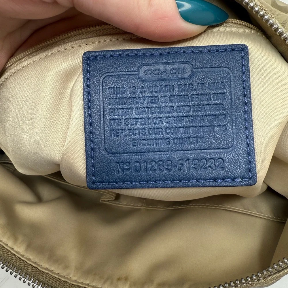 Coach 2012 Signature Jacquard Shoulder Bag Blue Leather Trim Turnlock F12699